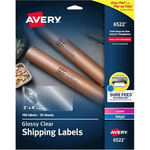 image:imageAvery Printable Shipping Labels Sure Feed Technology 2 x 4 Glossy Crystal Clear 100 Blank Mailing Labels 6522100 labels